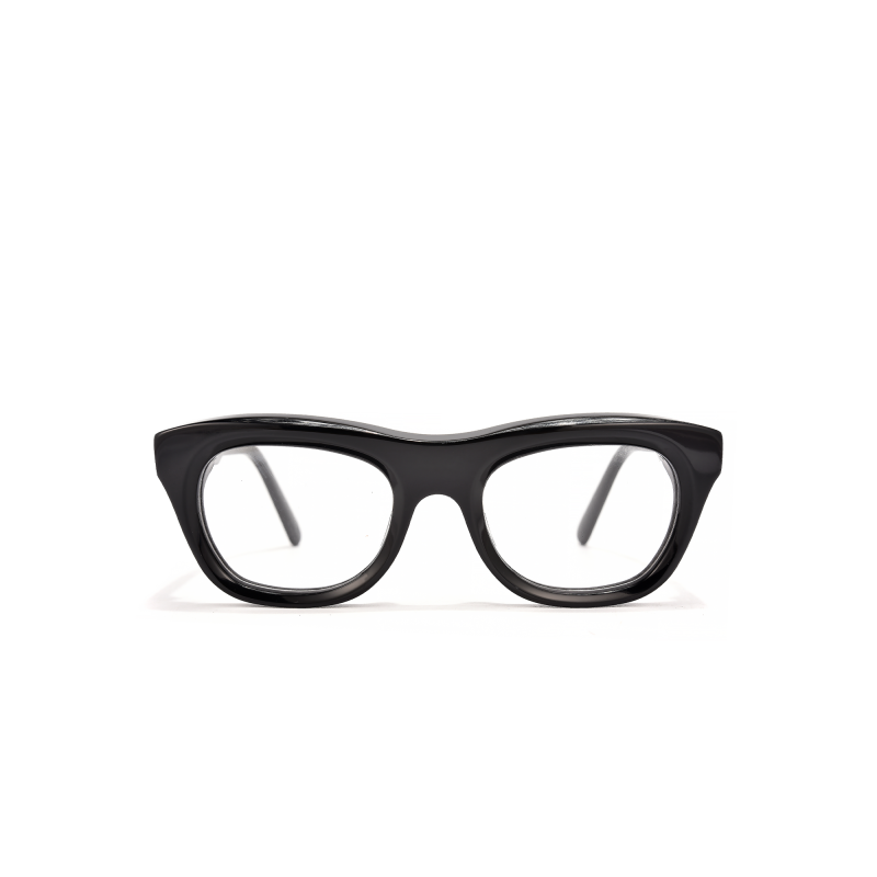 Black thick-rimmed eyeglasses on white background