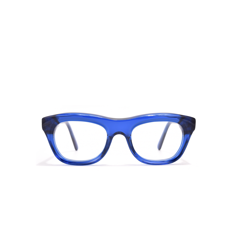 Stylish blue eyeglasses with a bold design.