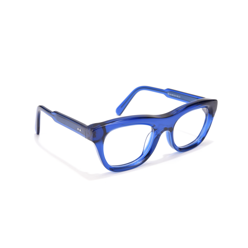 Transparent blue glasses on white background