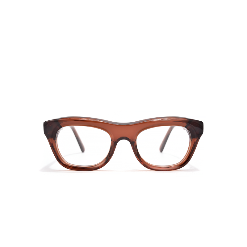 Brown eyeglasses with clear lenses, front view