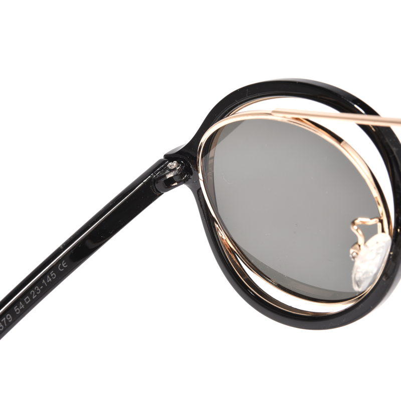 Close-up of stylish black sunglasses frame.