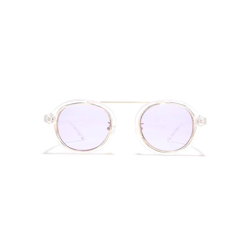 Round sunglasses with clear frames and purple lenses.