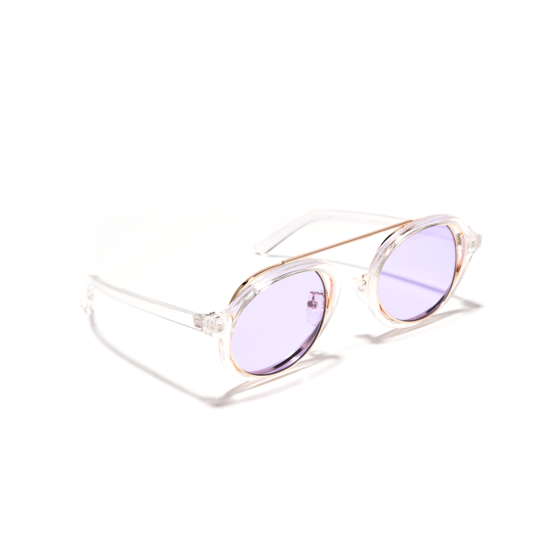 Transparent glasses with round purple lenses