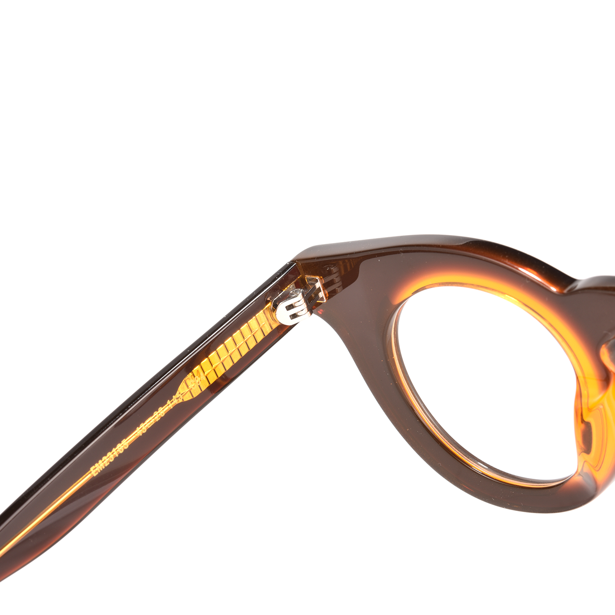 Kenrick (4) Close-up of brown eyeglasses frame detail.