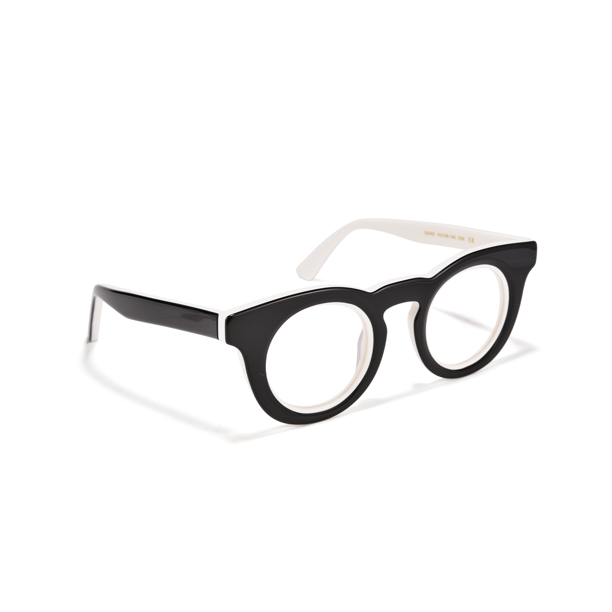 Kenrick Black side Black and white round glasses on white background.