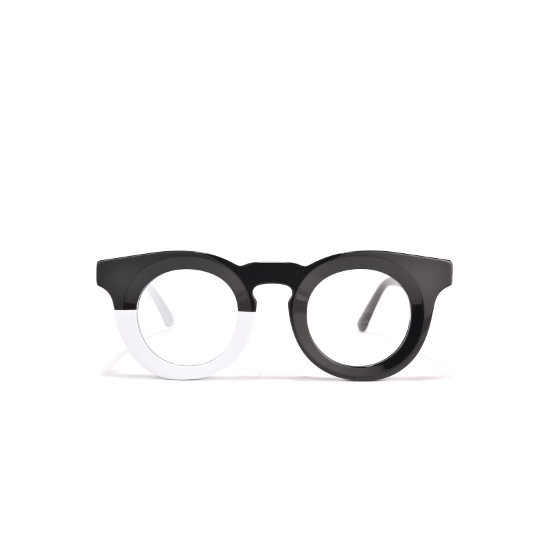 Black and white round eyeglasses on white background.