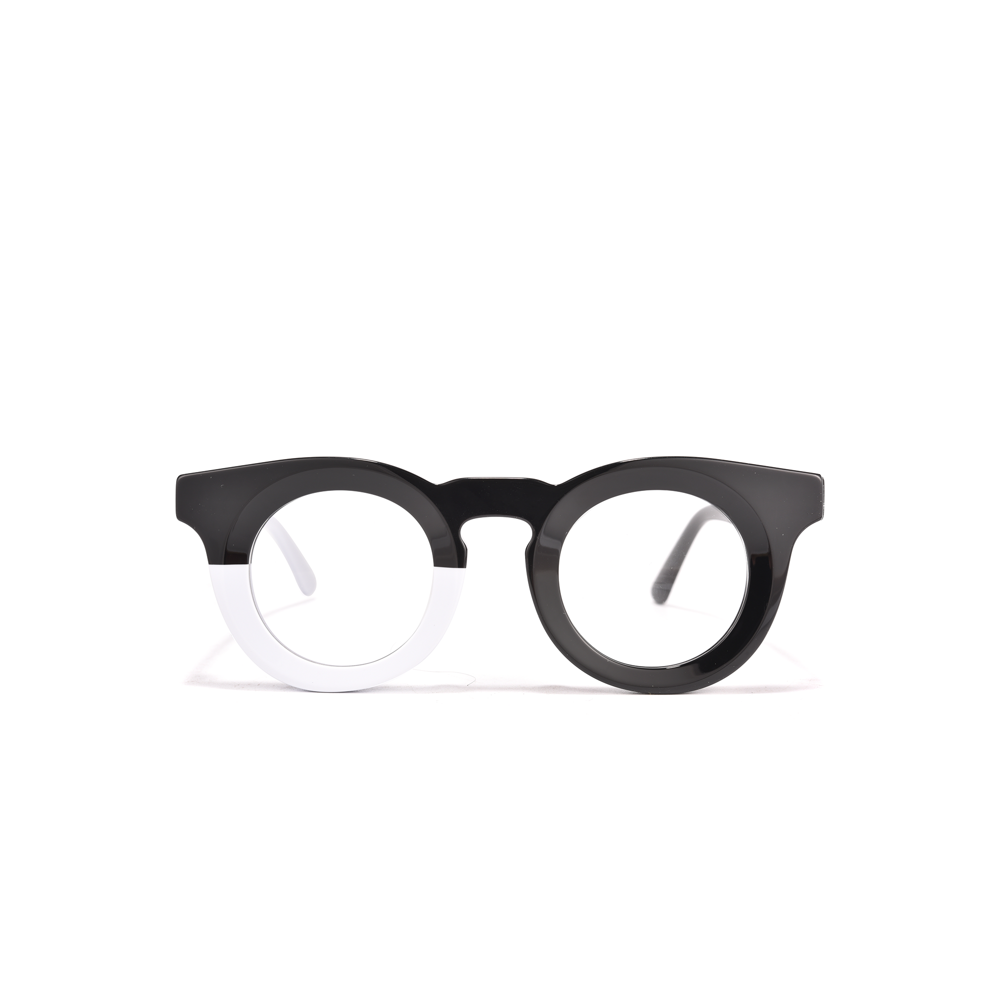 Kenrick black white front Black and white round eyeglasses on white background.
