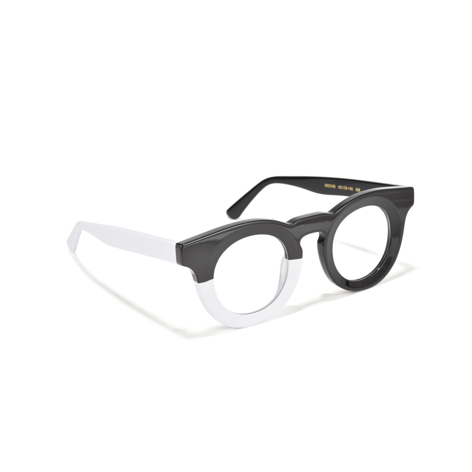 Kenrick black white side Black and white round eyeglasses on white background.