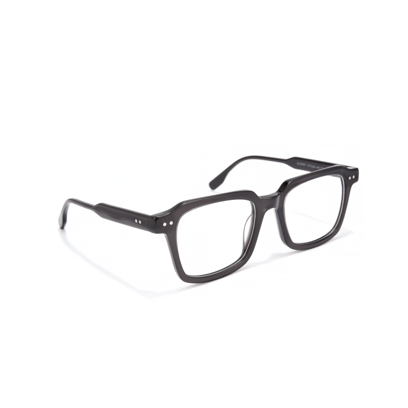 Grey rectangular eyeglasses with clear lenses.