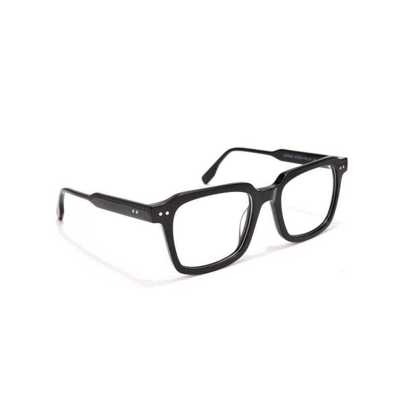 Black rectangular eyeglasses on white background.