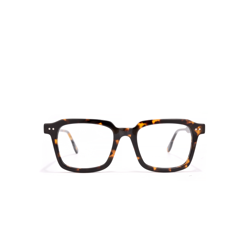Stylish tortoiseshell eyeglasses with square frames.