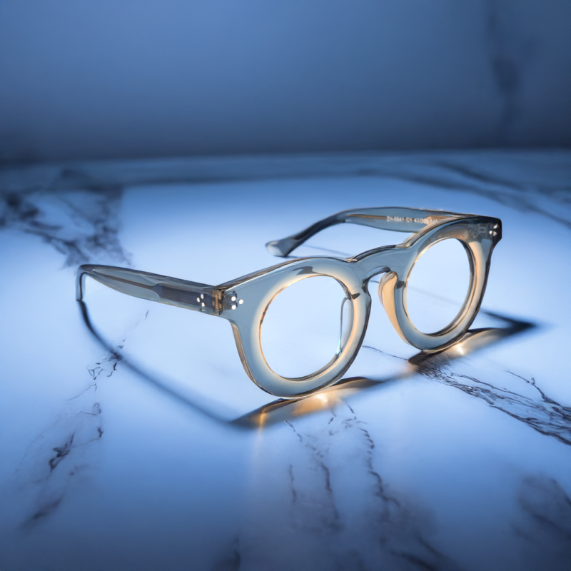 Stylish eyeglasses on marble surface under blue light.