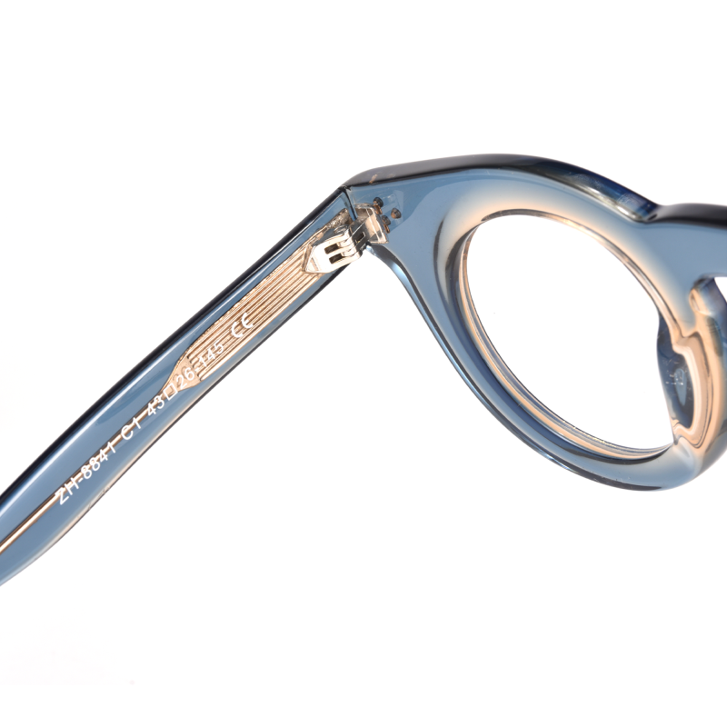 Close-up of blue plastic eyeglass frame.
