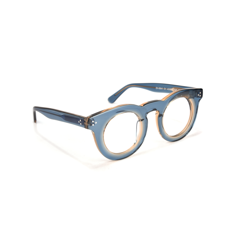 Stylish round blue eyeglasses on white background.