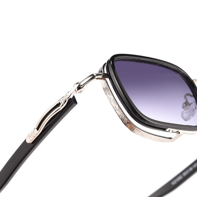 Close-up of stylish sunglasses with purple lenses.