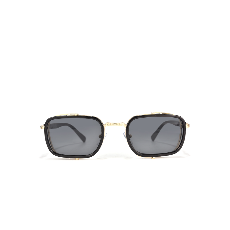 Black retro sunglasses with gold accents, isolated.