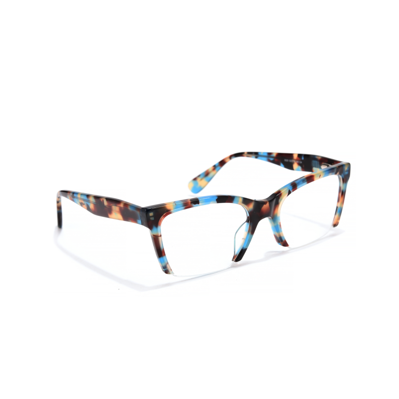 Colorful tortoiseshell eyeglasses with rectangular frames.