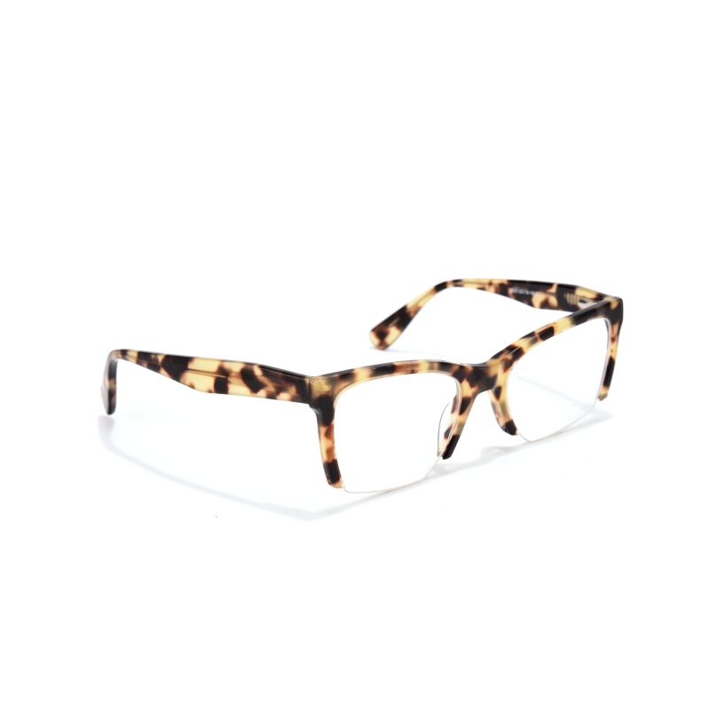 Tortoiseshell rectangular eyeglasses on white background.