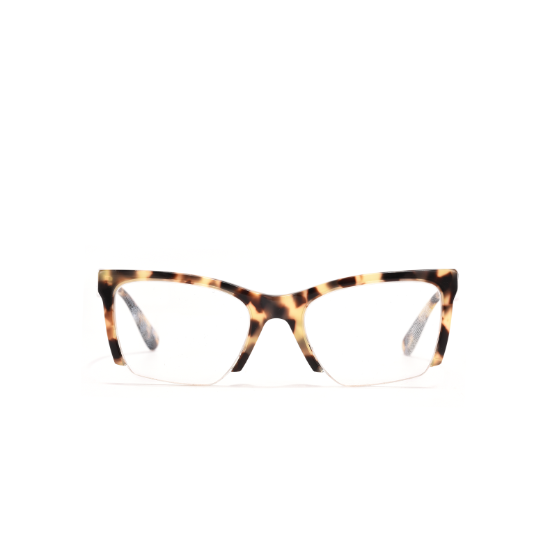 Tortoiseshell cat-eye eyeglasses on white background.