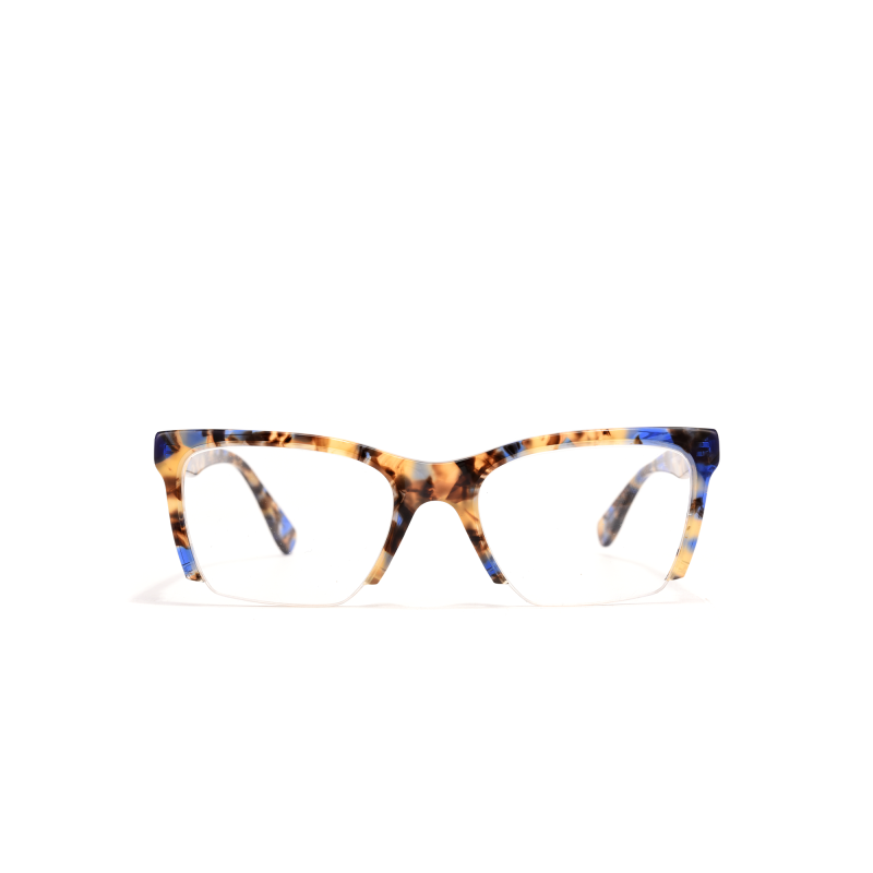 Tortoiseshell glasses with blue accents.