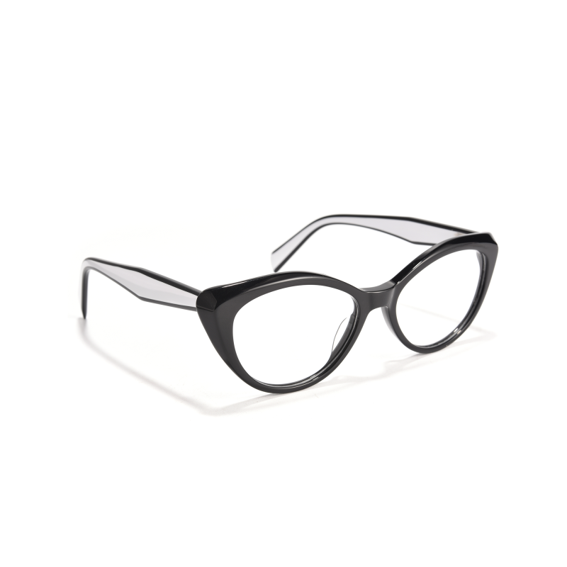Black cat-eye glasses on white background.