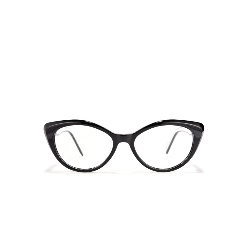 Black cat-eye glasses with clear lenses.