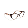 Tortoise shell cat-eye glasses on white background.