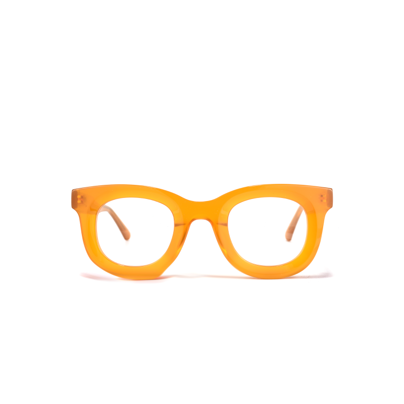 Orange rectangular eyeglasses on white background.