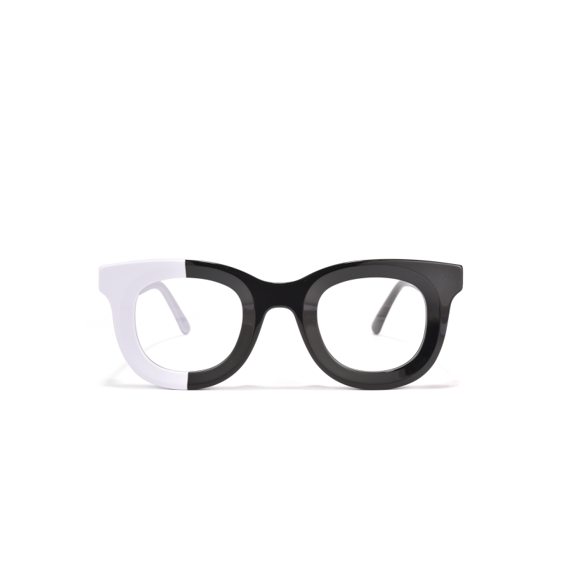 Half black white stylish eyeglasses on white background.