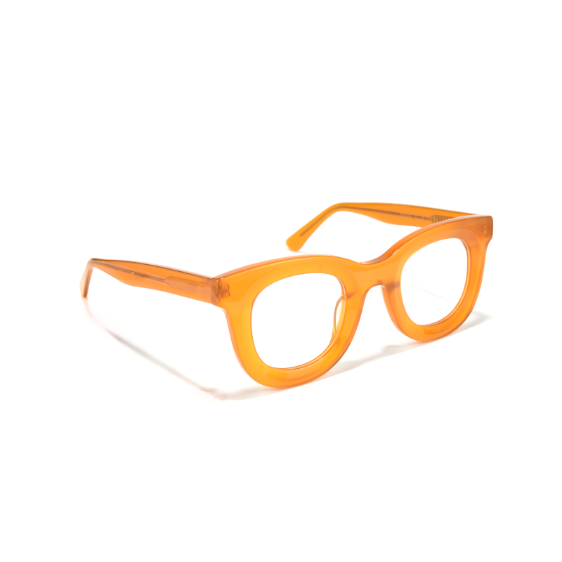 Stylish orange eyeglasses with clear lenses.