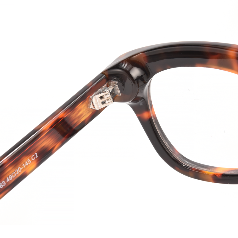 Close-up of tortoiseshell eyeglasses hinge details.