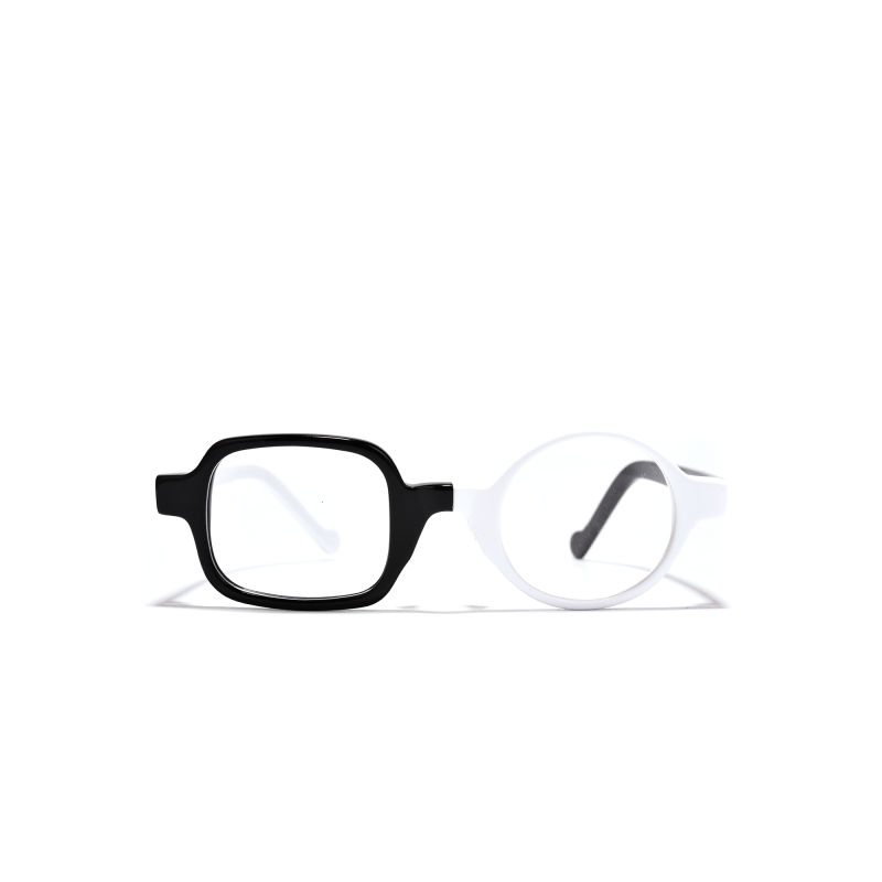 Black and white eyeglasses on white background.