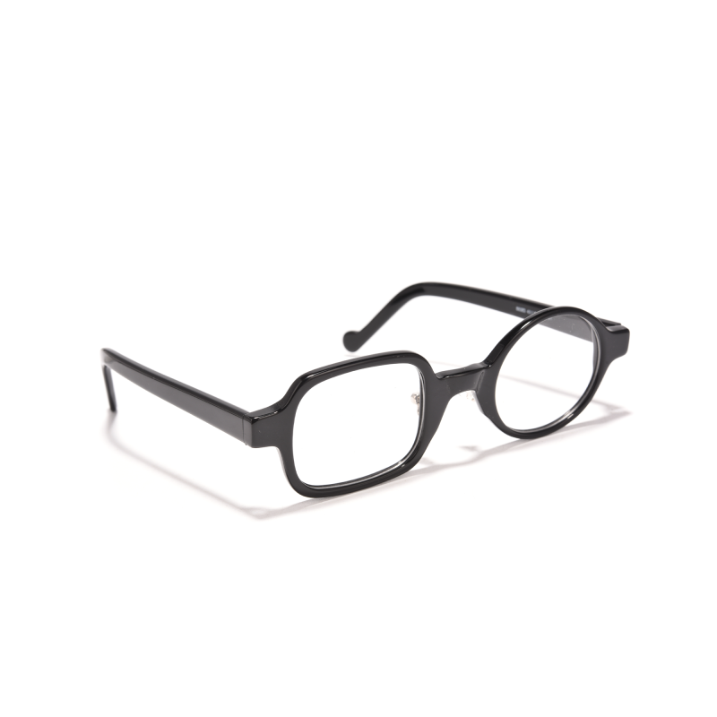 Black rectangular eyeglasses on white background.