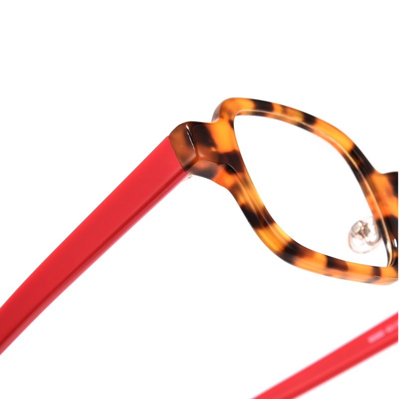 Tortoiseshell and red eyeglasses frame detail.