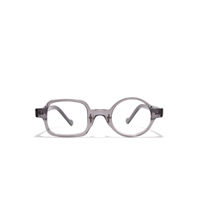 Clear geometric eyeglasses with unique frame design.