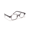 Gray eyeglasses with round and square lenses