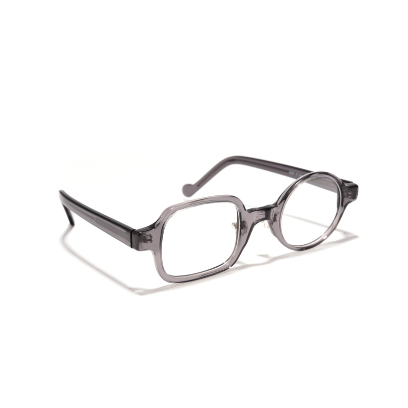 Gray eyeglasses with round and square lenses