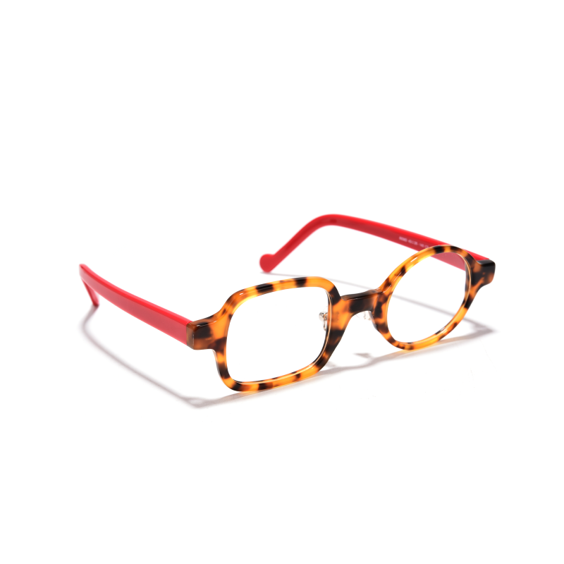 Tortoise-shell glasses with red arms.