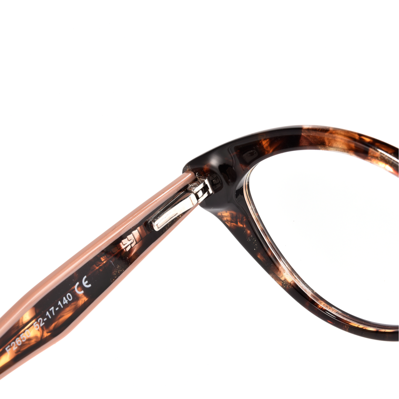 Close-up of tortoiseshell eyeglass frame detail.